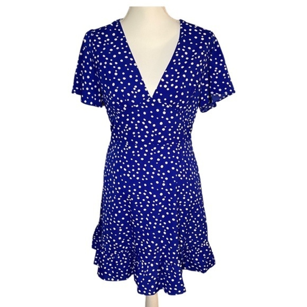 Melloday Blue White Polka Dot‎ Mini Dress Ruffle Hem Flutter Sleeve